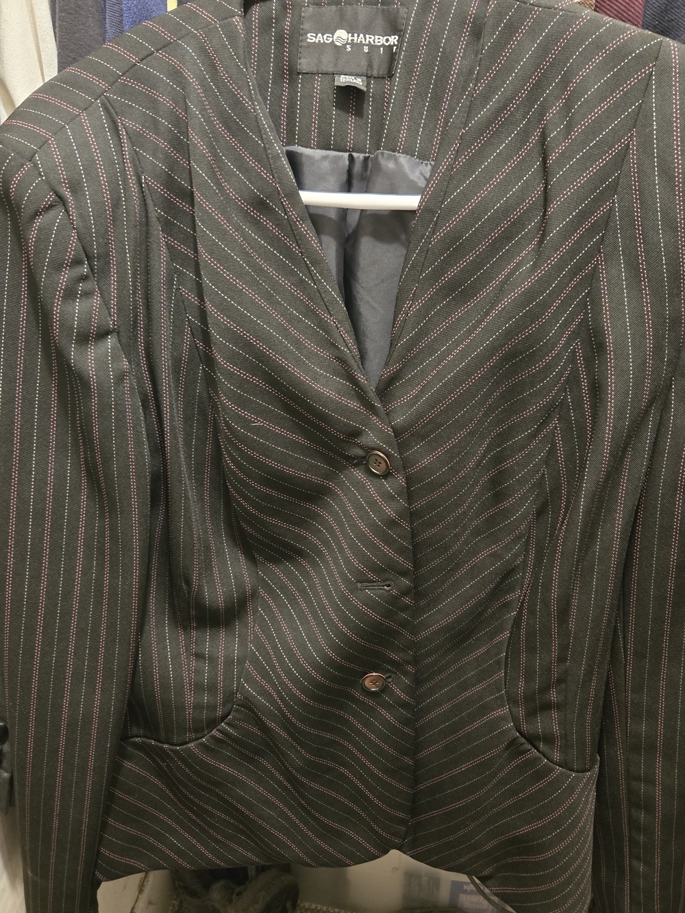 Sag Harbor Black Pinstripe Blazer with Subtle Red Stripes
